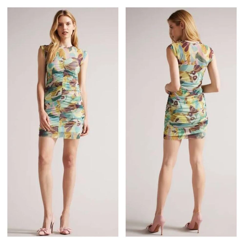 Ted Baker Amelia Ruched Contrast Floral Mesh Bodycon Dress In Green Size 8